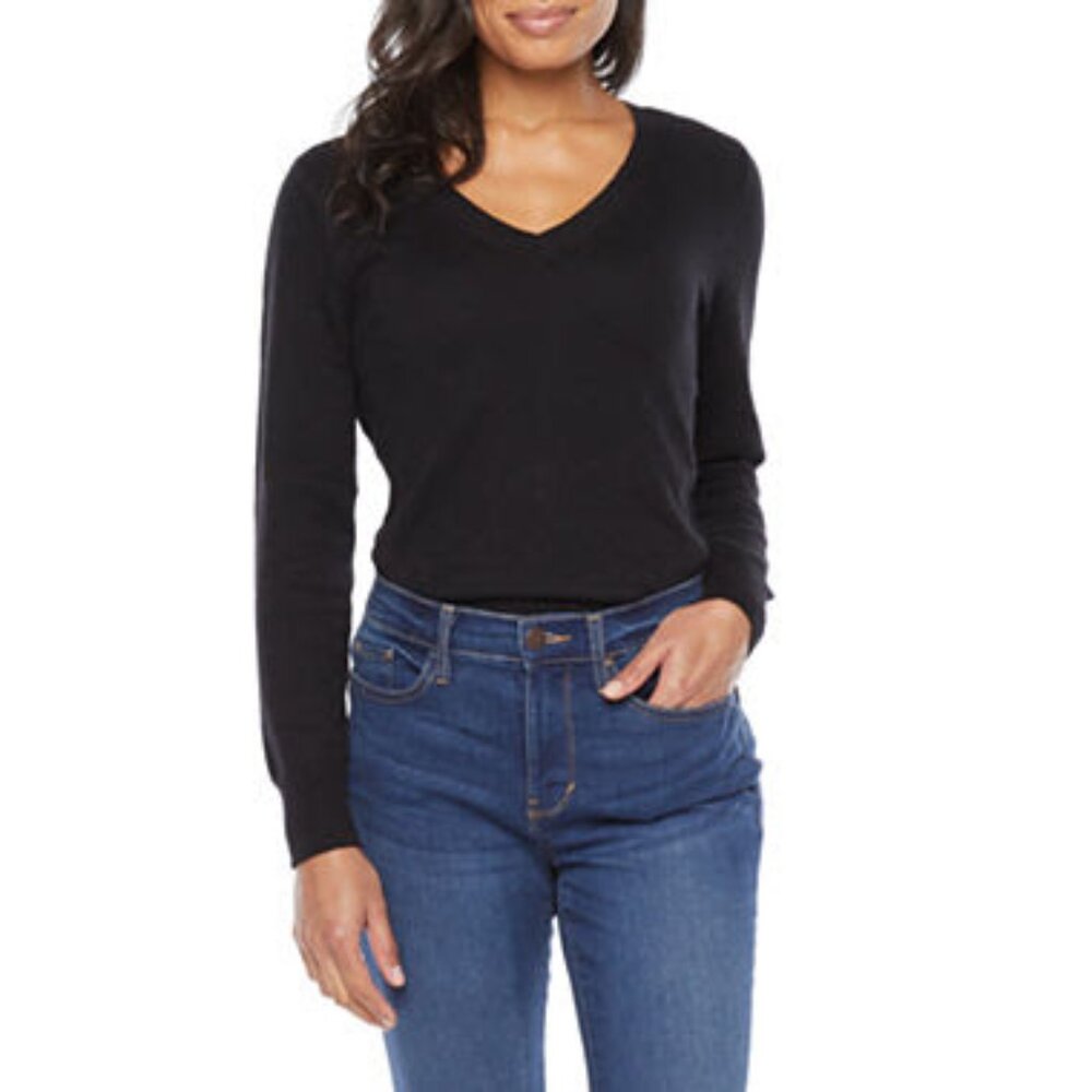 Worthington Crew Neck Long Sleeve Grid Pullover Sweater, Black, Medium Tall, NWT